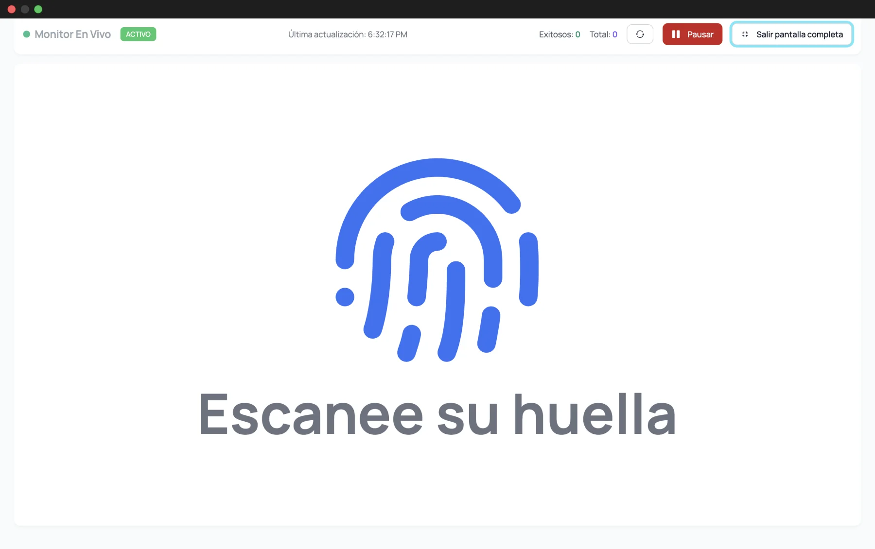 Pantalla de recepción de FitoHub que solo dice Escanee su huella