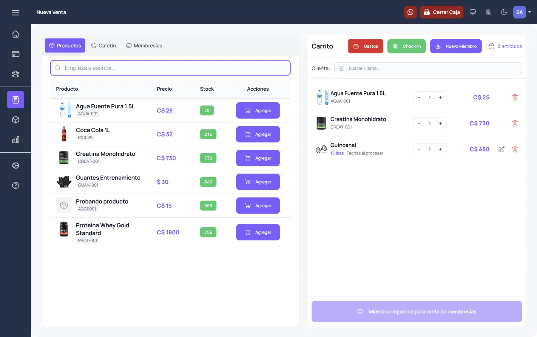 Pantalla de nueva venta en FitoHub con productos y carrito